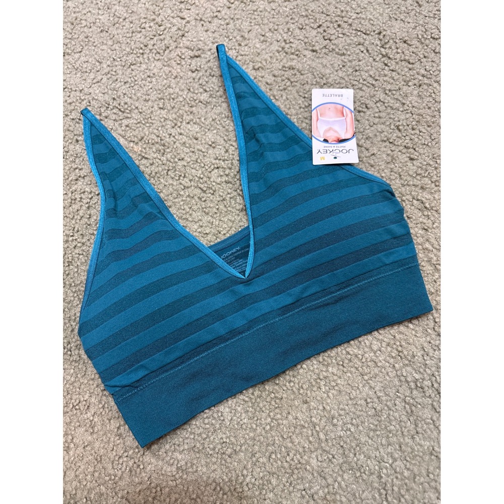 Jockey Matte & Shine Bralette Teal Blue Striped Seamless Wire-Free Stretch Med